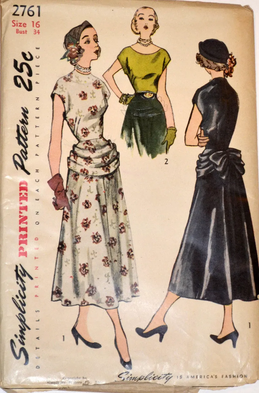 1950s Simplicity 2761 Vintage Dress Pattern 34" Bust