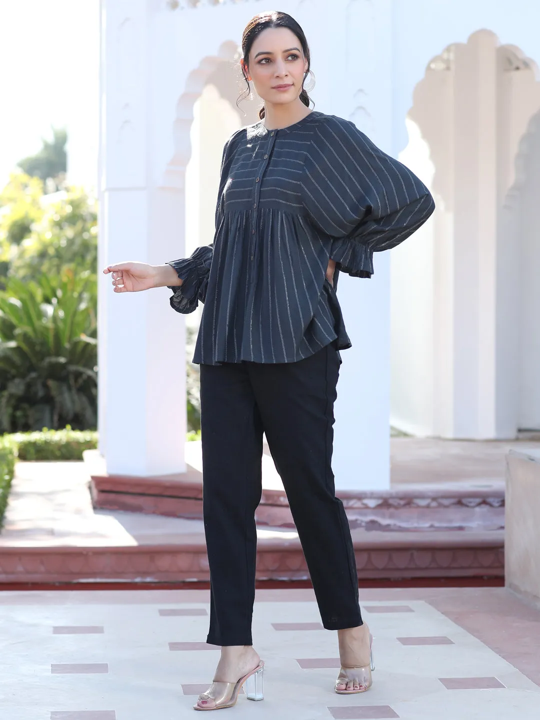 A Grey Self Weave Lurex Gathered Top With Elasticated Gathered Sleeves