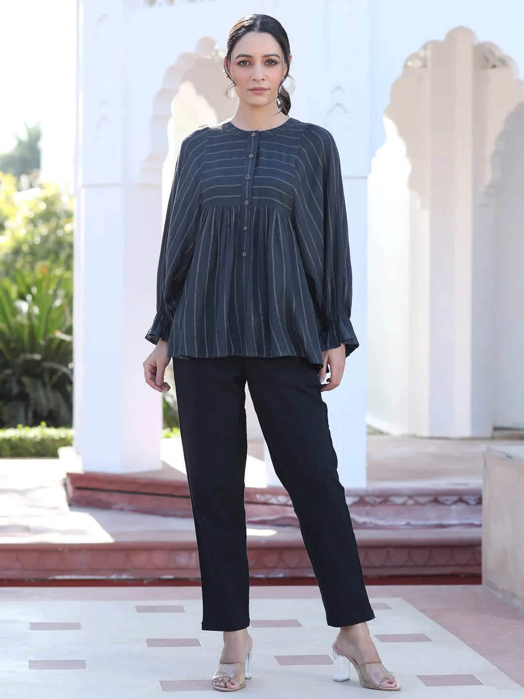 A Grey Self Weave Lurex Gathered Top With Elasticated Gathered Sleeves