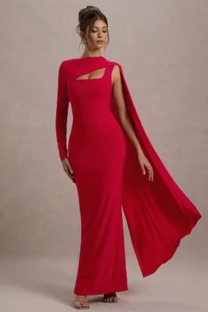 Ashini | Red One-Sleeve Maxi Dress With Cape