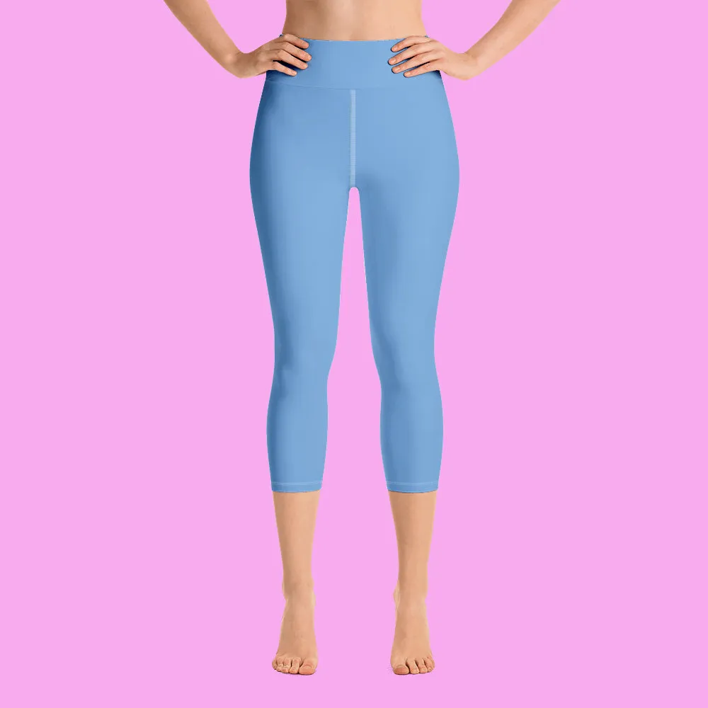 Baby Blue Bridesmaid Capri Leggings, Premium Designer Women's Yoga Capris-Made in USA