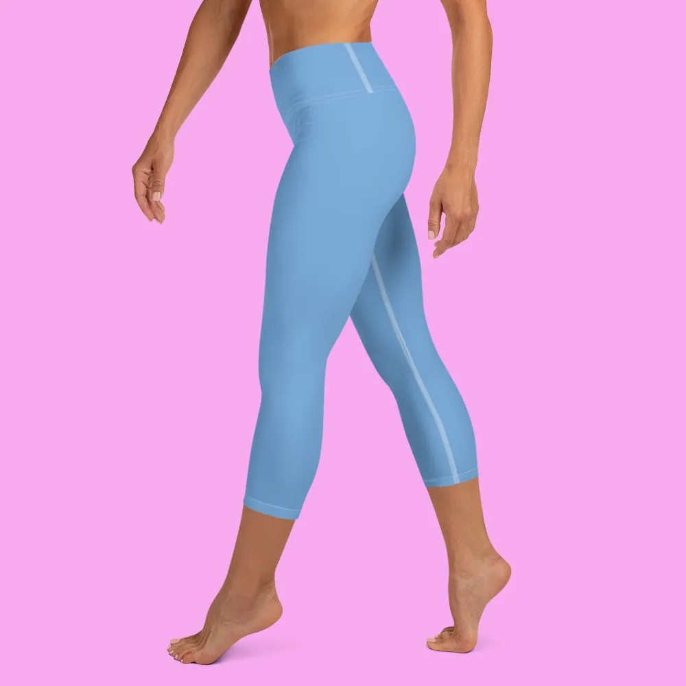 Baby Blue Bridesmaid Capri Leggings, Premium Designer Women's Yoga Capris-Made in USA