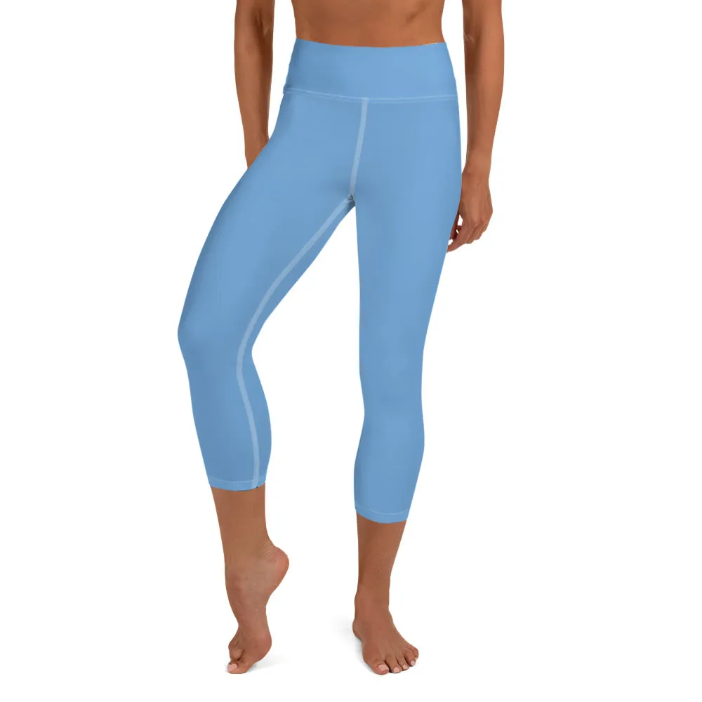 Baby Blue Bridesmaid Capri Leggings, Premium Designer Women's Yoga Capris-Made in USA