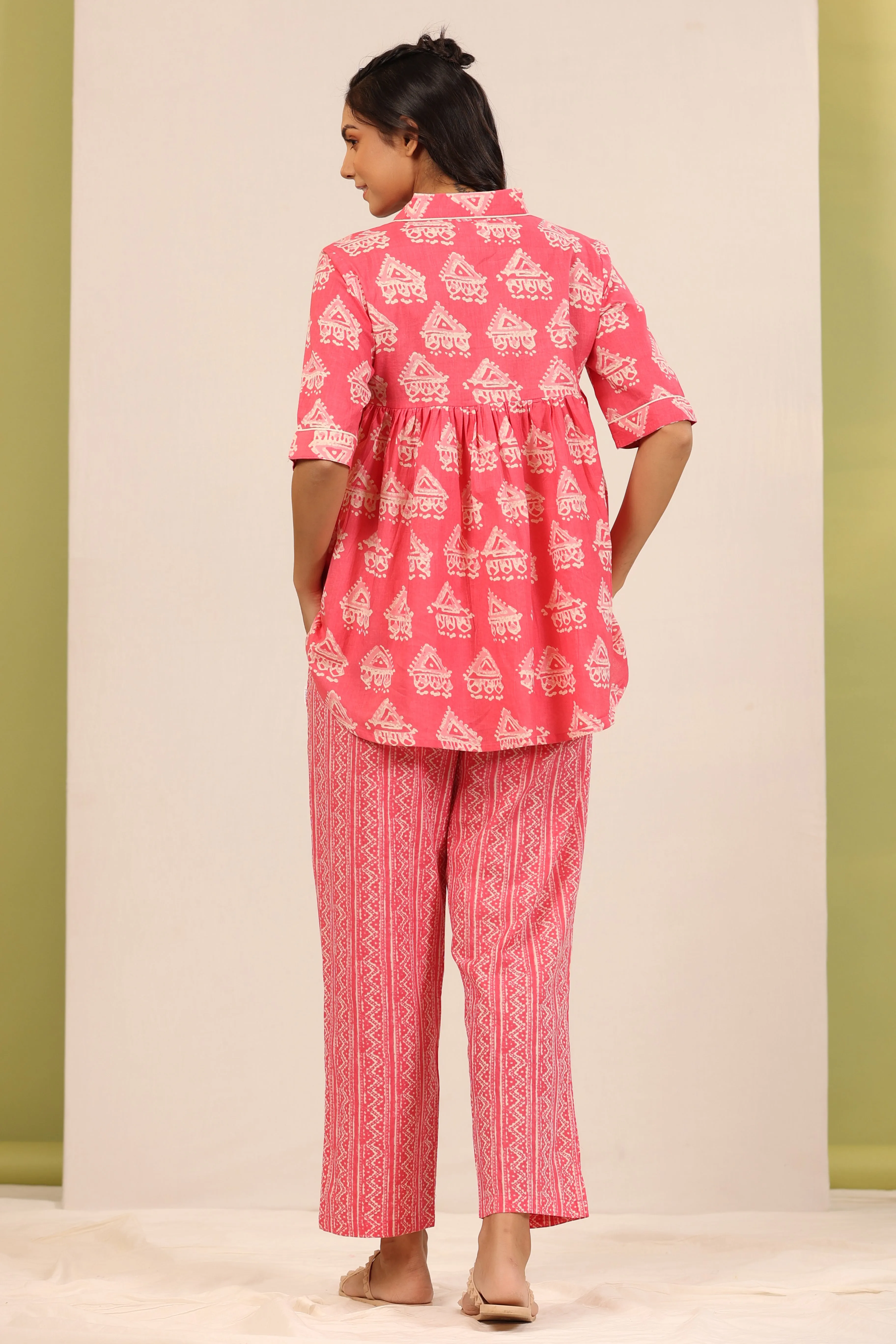 Bagru Batik Print on Pink Peplum Loungewear Top Set