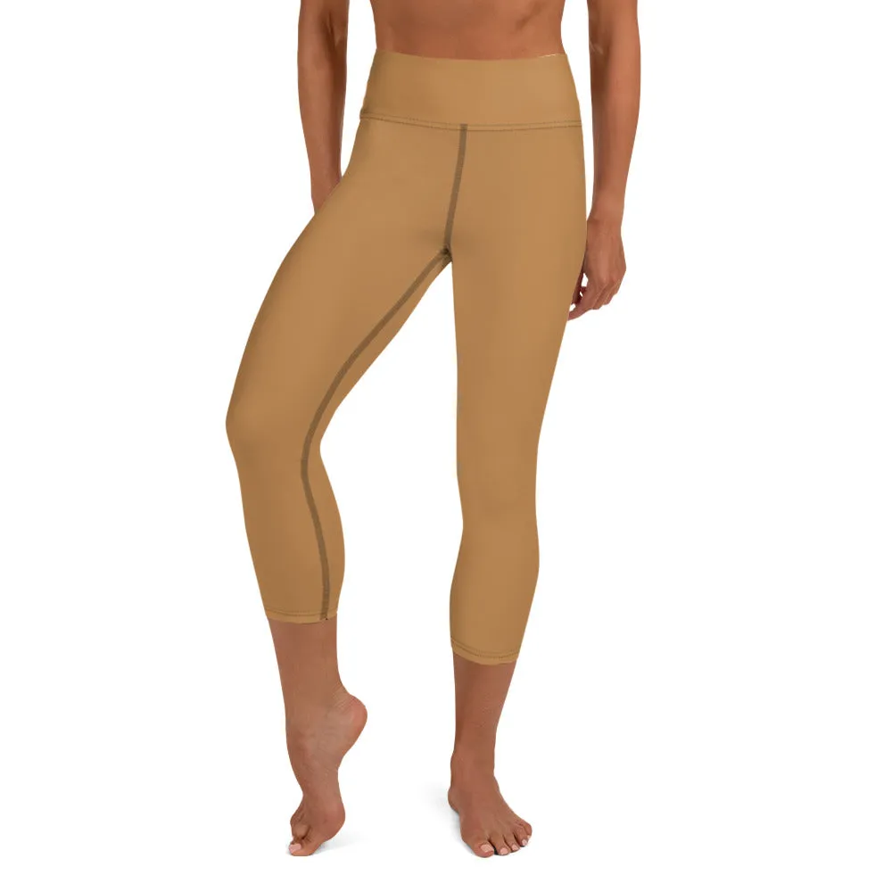 Beige Brown Yoga Capri Leggings, Solid Color Women's High Waisted Capris Tights-Made in USA/EU