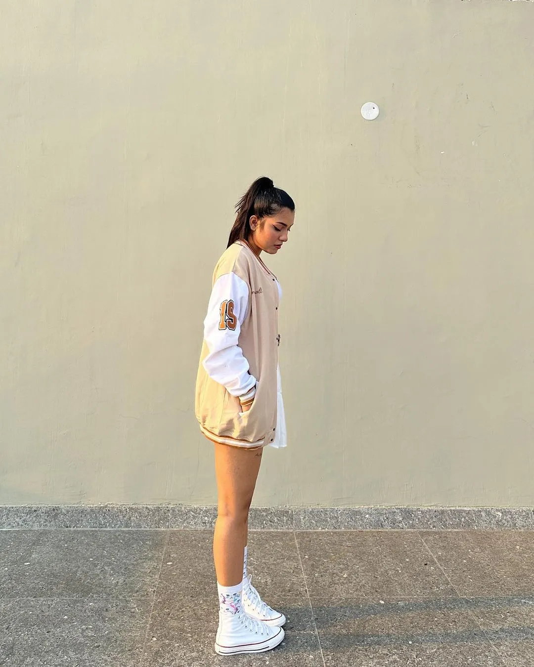 Beige Varsity Jacket with PU sleeves