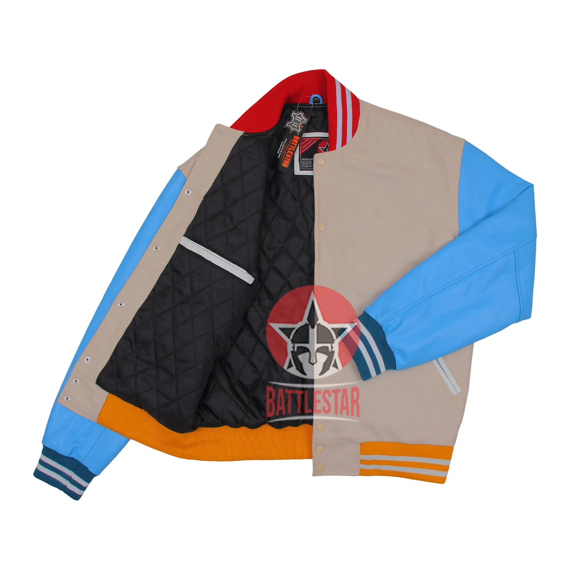 Beige Wool Blue Leather Multi-Rib Varsity Baseball Classic Jacket