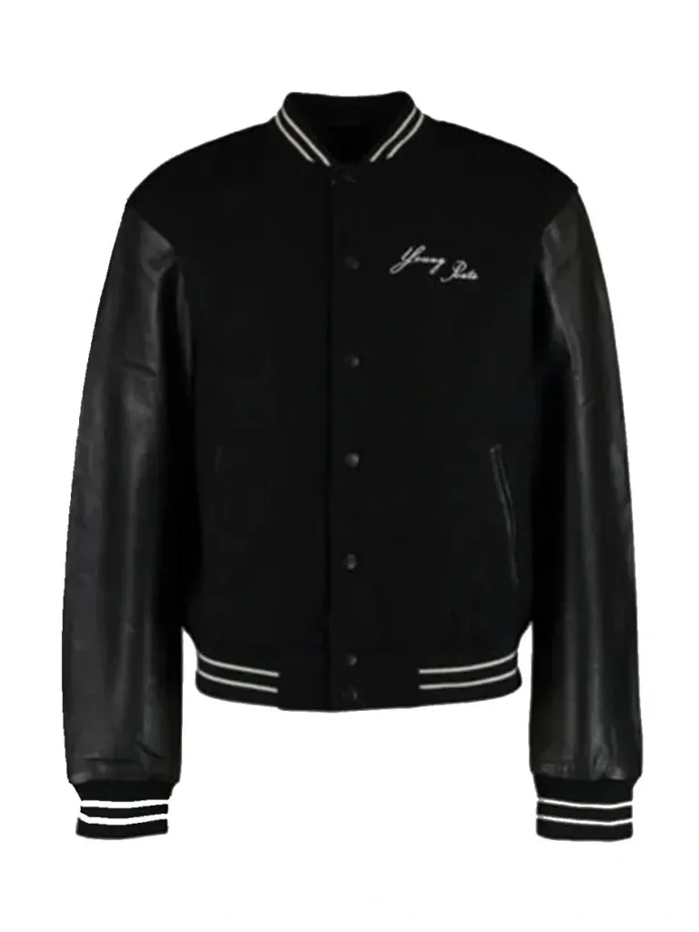 Black Bomber Style Rib Knitted Leather Jacket