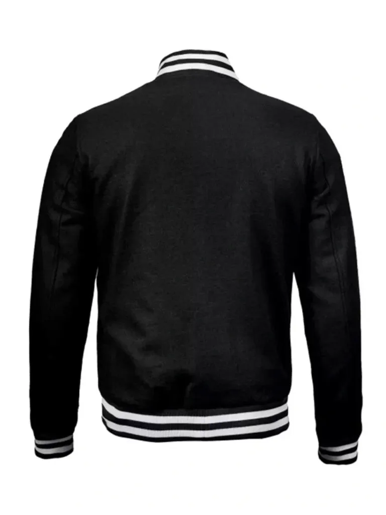 Black Bomber Style Rib Knitted Varsity Jacket