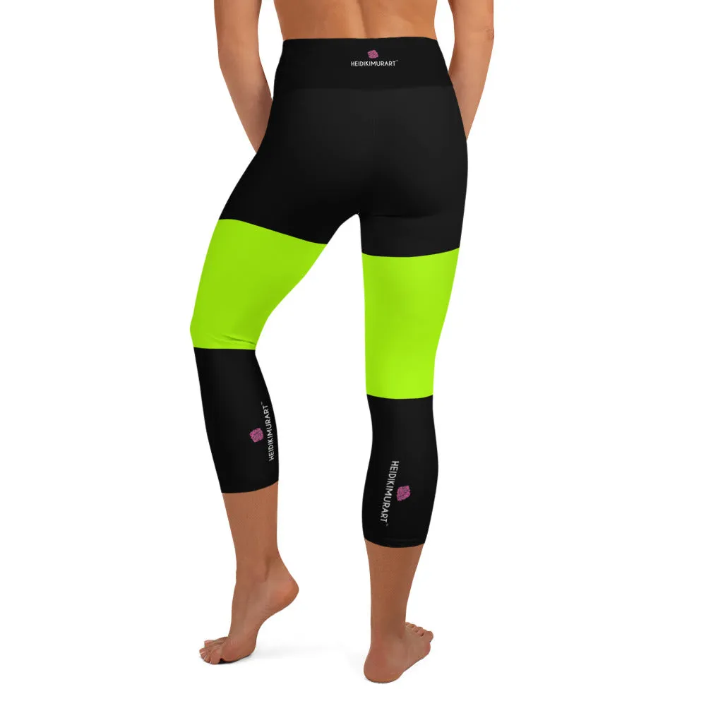 Black Green Yoga Capri Leggings, Neon Green Capris Tights For Ladies-Made in USA/EU/MX