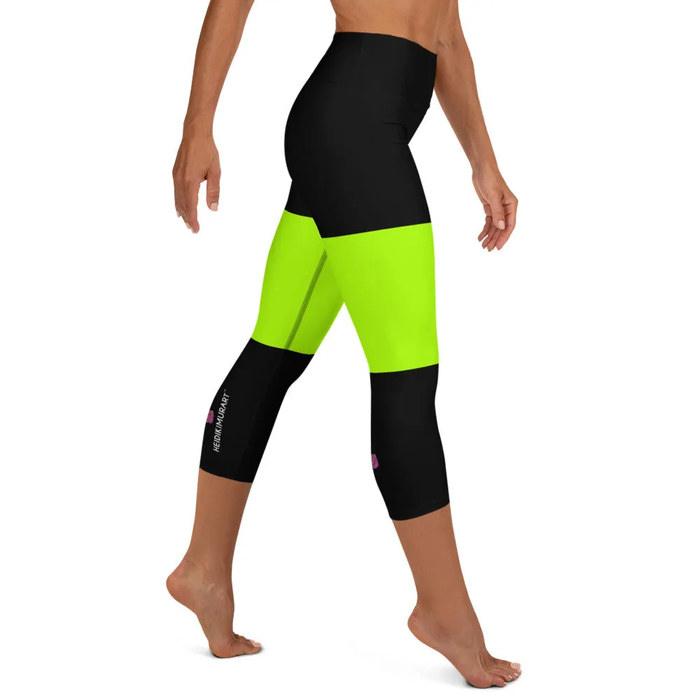 Black Green Yoga Capri Leggings, Neon Green Capris Tights For Ladies-Made in USA/EU/MX