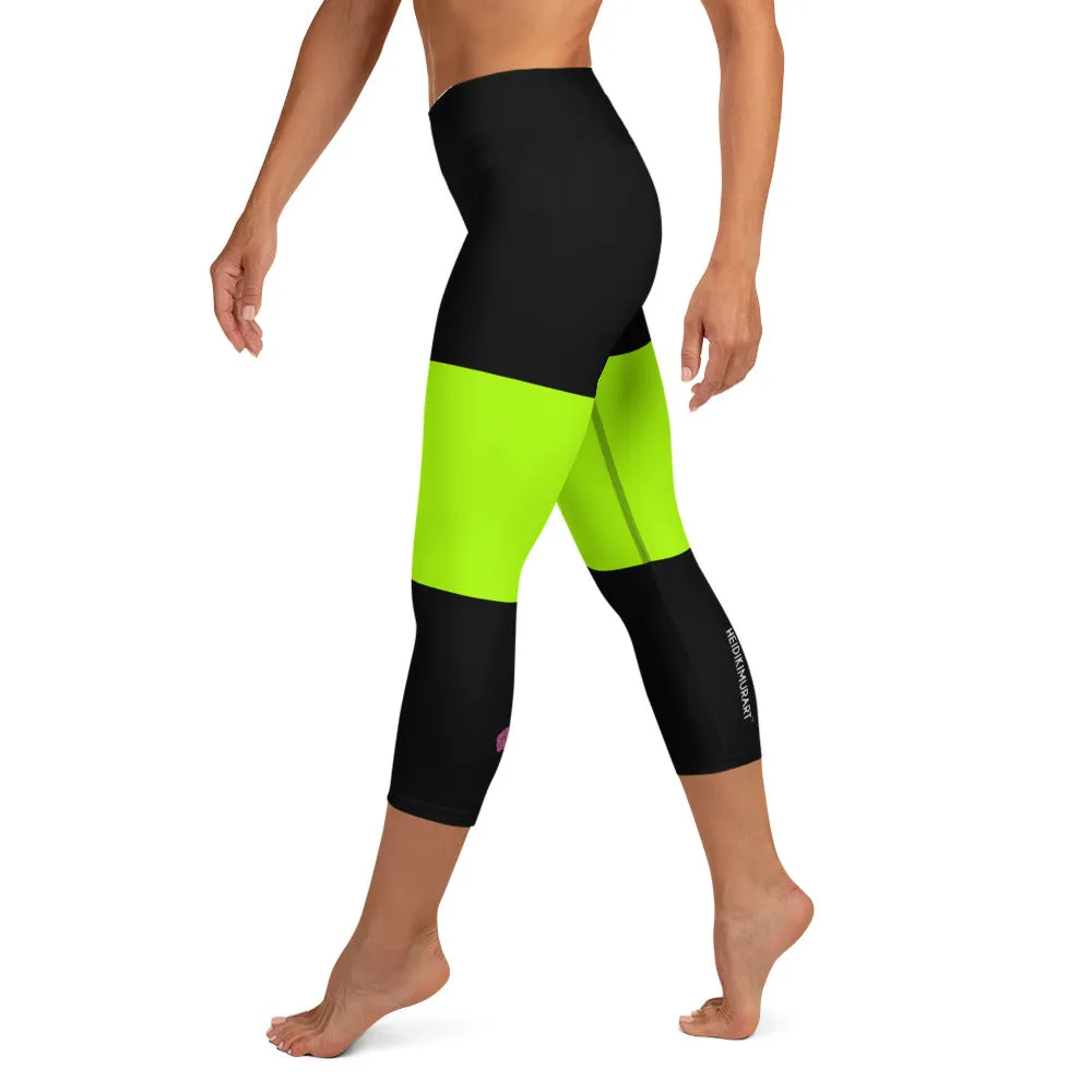 Black Green Yoga Capri Leggings, Neon Green Capris Tights For Ladies-Made in USA/EU/MX