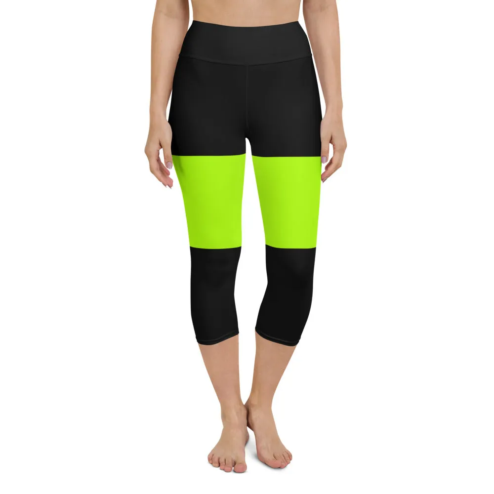 Black Green Yoga Capri Leggings, Neon Green Capris Tights For Ladies-Made in USA/EU/MX