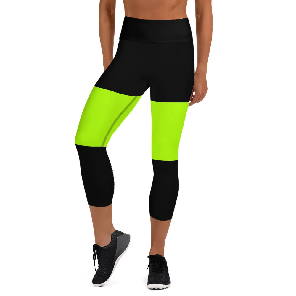 Black Green Yoga Capri Leggings, Neon Green Capris Tights For Ladies-Made in USA/EU/MX