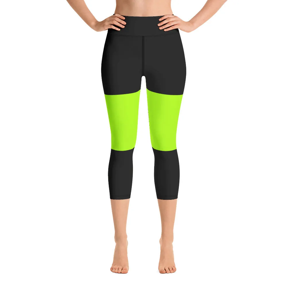 Black Green Yoga Capri Leggings, Neon Green Capris Tights For Ladies-Made in USA/EU/MX