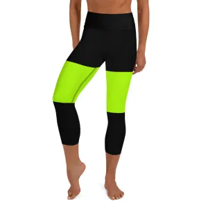 Black Green Yoga Capri Leggings, Neon Green Capris Tights For Ladies-Made in USA/EU/MX