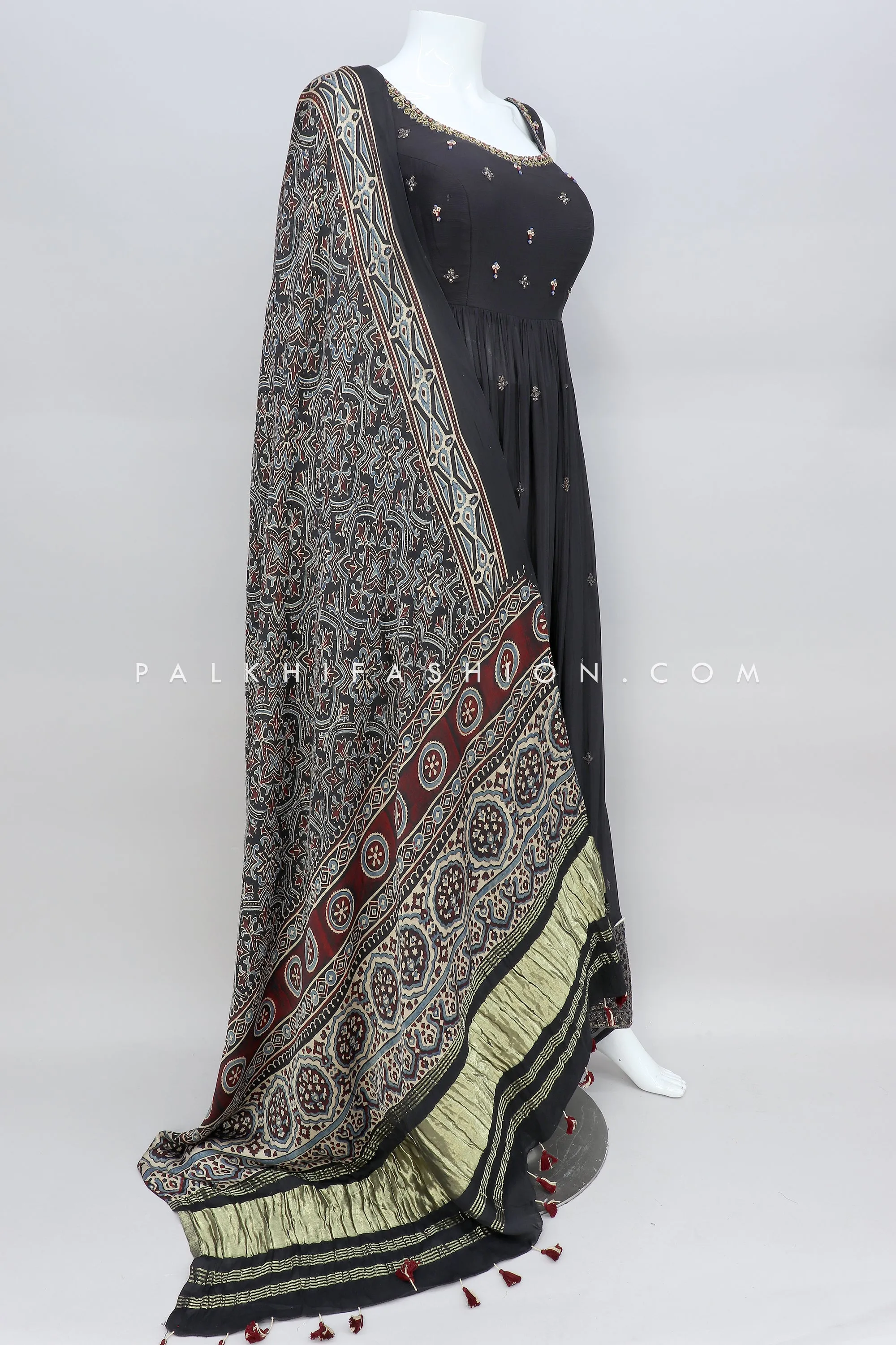 Black Naira Cut Palazzo with a Pure Ajrakh Dupatta