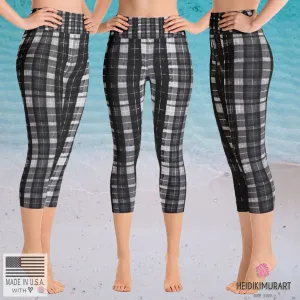 Black Plaid Yoga Capri Pants, Women's Capris Leggings Plus Size Available- Made In USA/EU