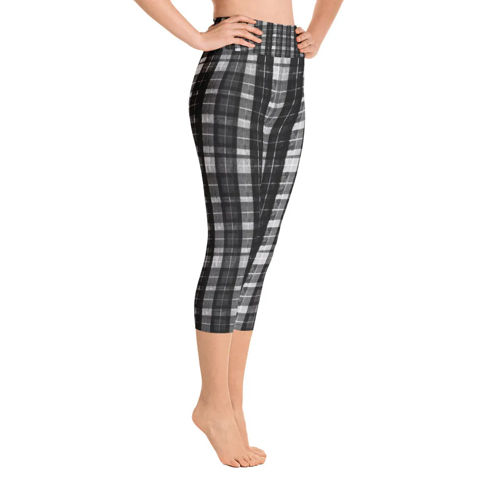 Black Plaid Yoga Capri Pants, Women's Capris Leggings Plus Size Available- Made In USA/EU