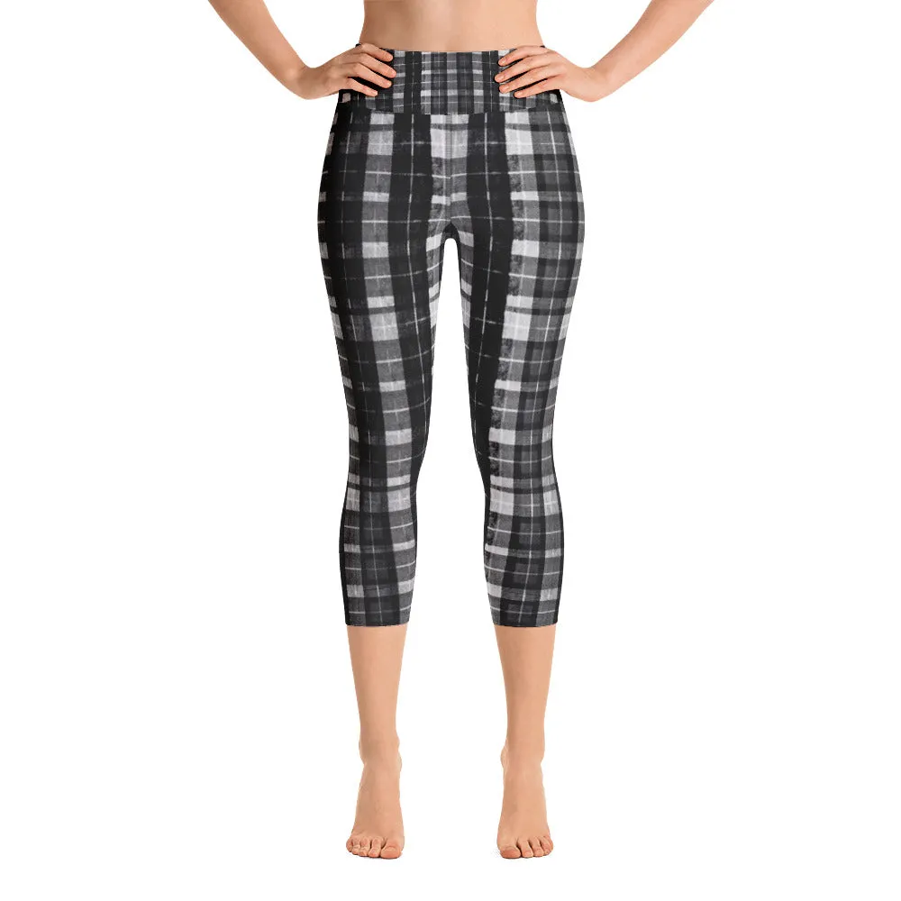 Black Plaid Yoga Capri Pants, Women's Capris Leggings Plus Size Available- Made In USA/EU