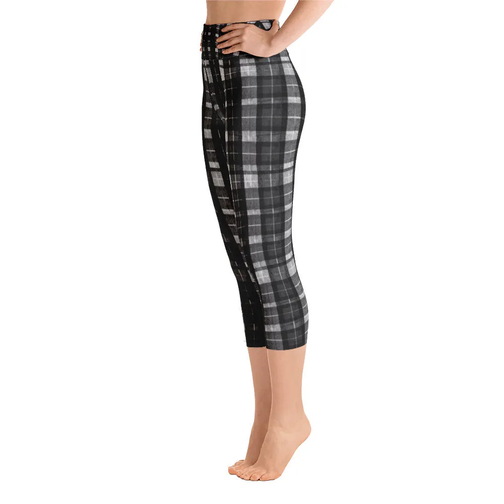 Black Plaid Yoga Capri Pants, Women's Capris Leggings Plus Size Available- Made In USA/EU