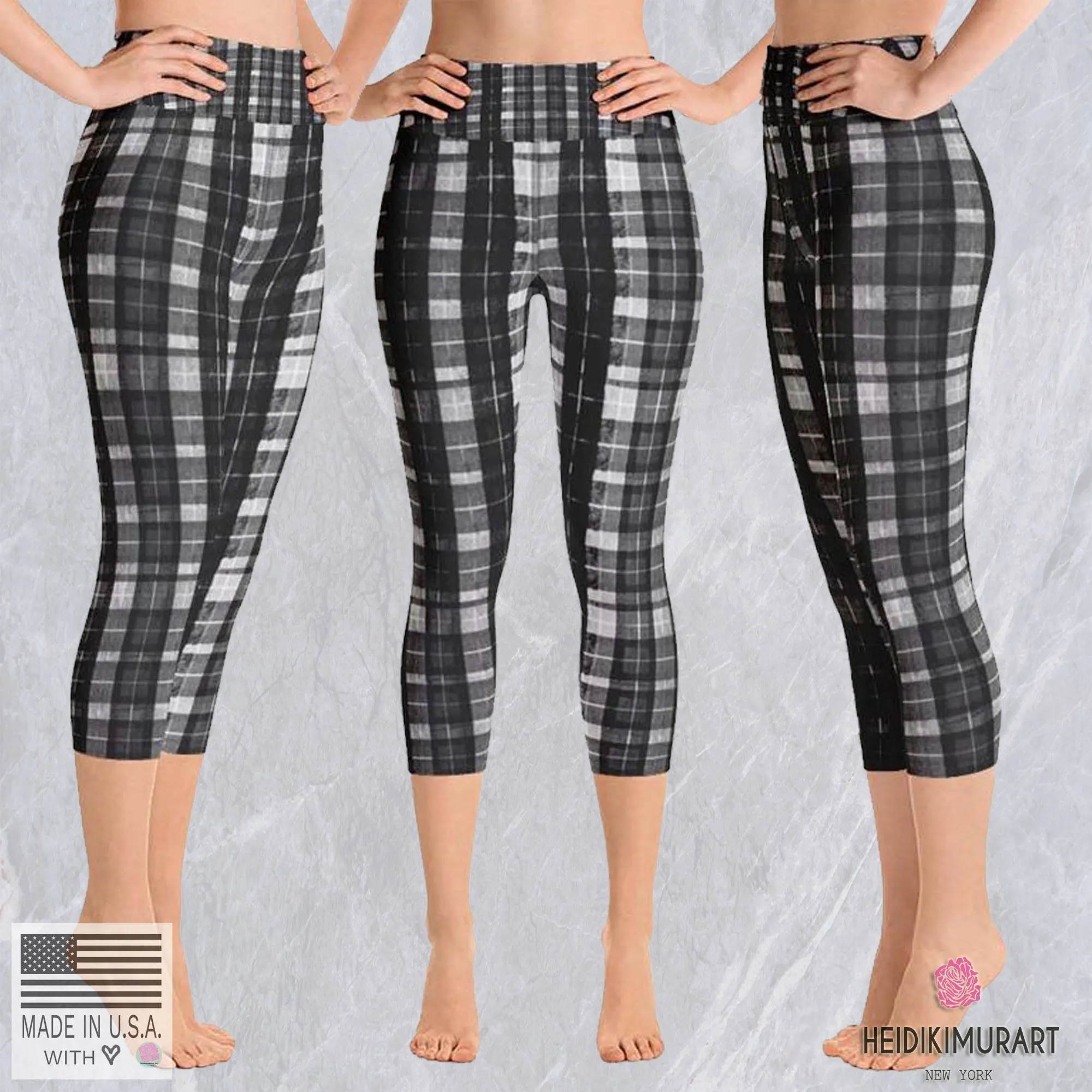 Black Plaid Yoga Capri Pants, Women's Capris Leggings Plus Size Available- Made In USA/EU