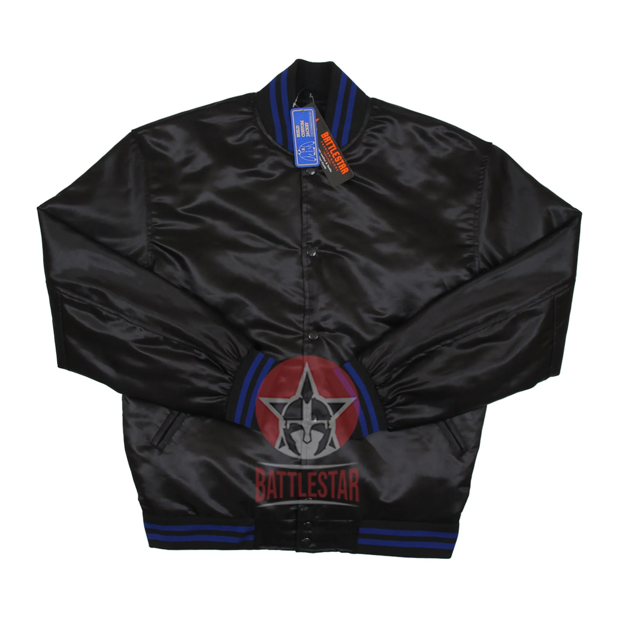 Black Satin Fabric Letterman Baseball Jacket (Black & Blue knit rib)