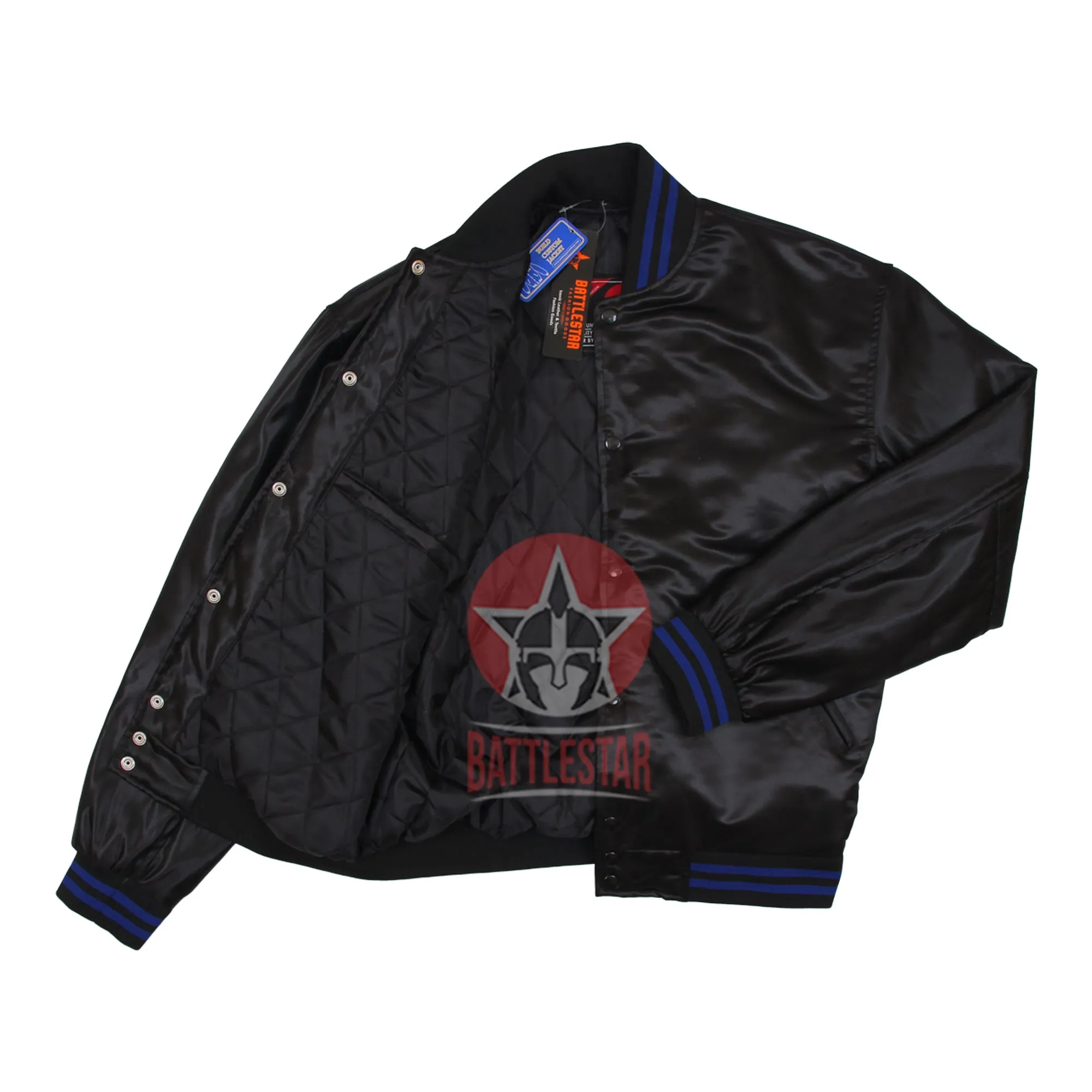 Black Satin Fabric Letterman Baseball Jacket (Black & Blue knit rib)