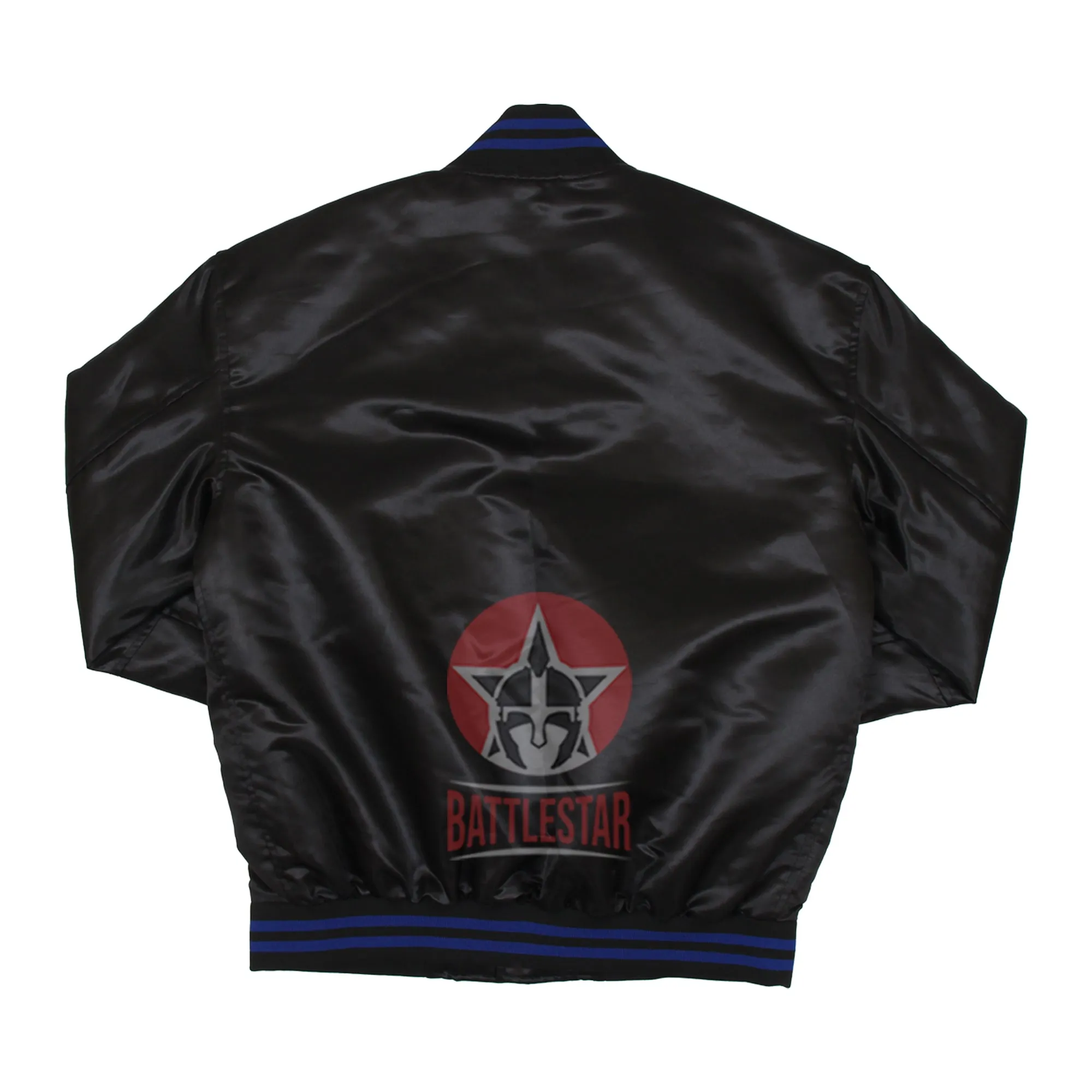 Black Satin Fabric Letterman Baseball Jacket (Black & Blue knit rib)