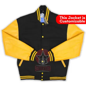 Black Wool Gold Yellow Leather Sleeves Varsity Jacket