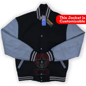 Black Wool Grey Leather Sleeves Varsity Baseball Jacket