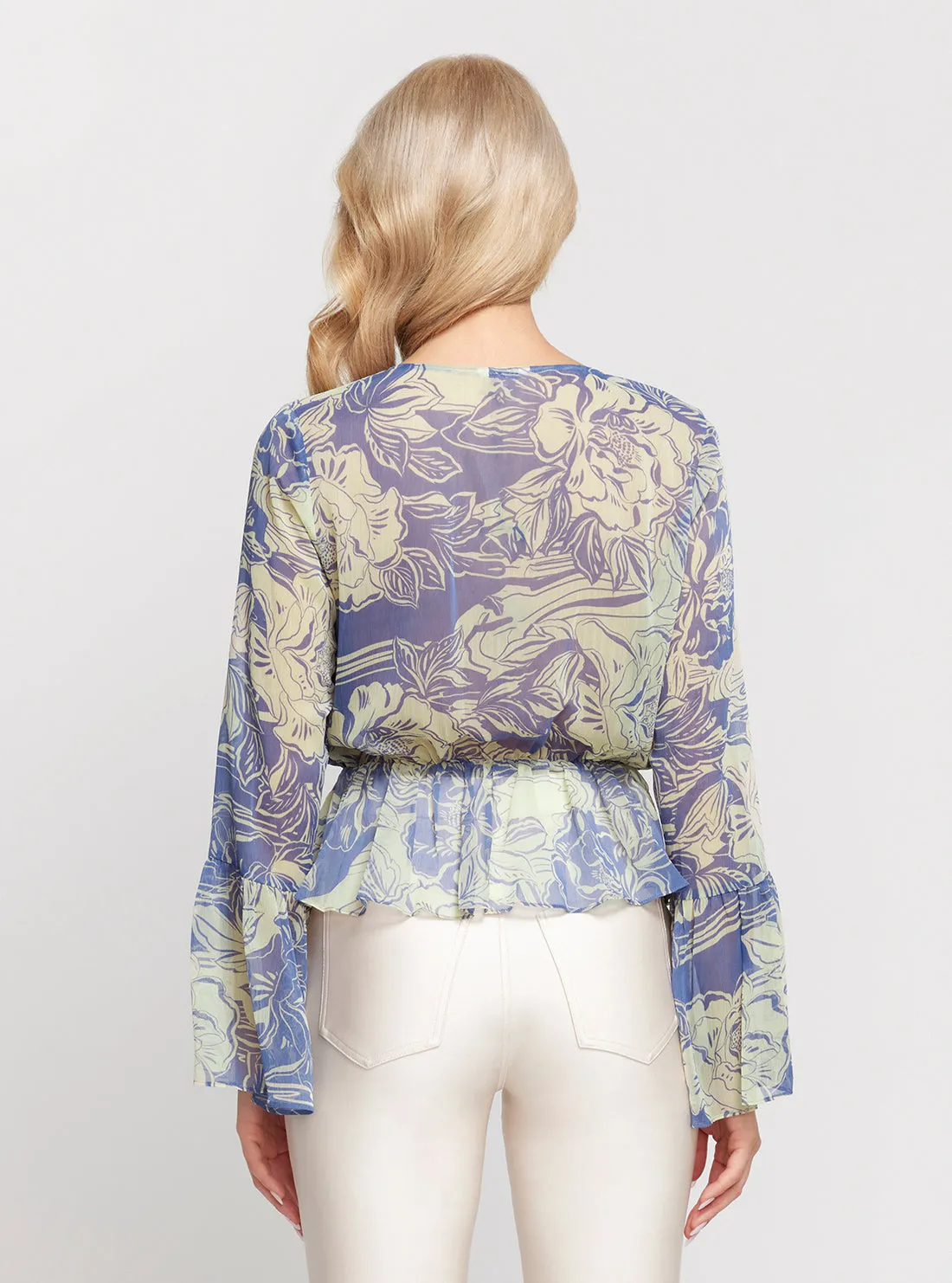 Blue Floral Print Long Sleeve Demi Top