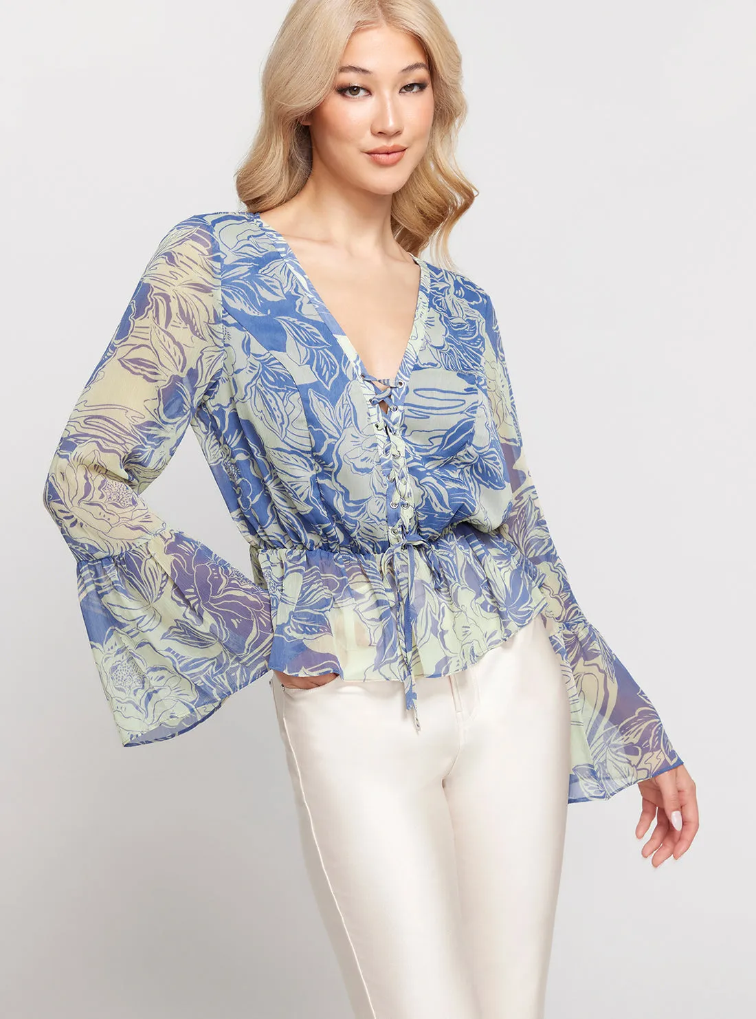 Blue Floral Print Long Sleeve Demi Top