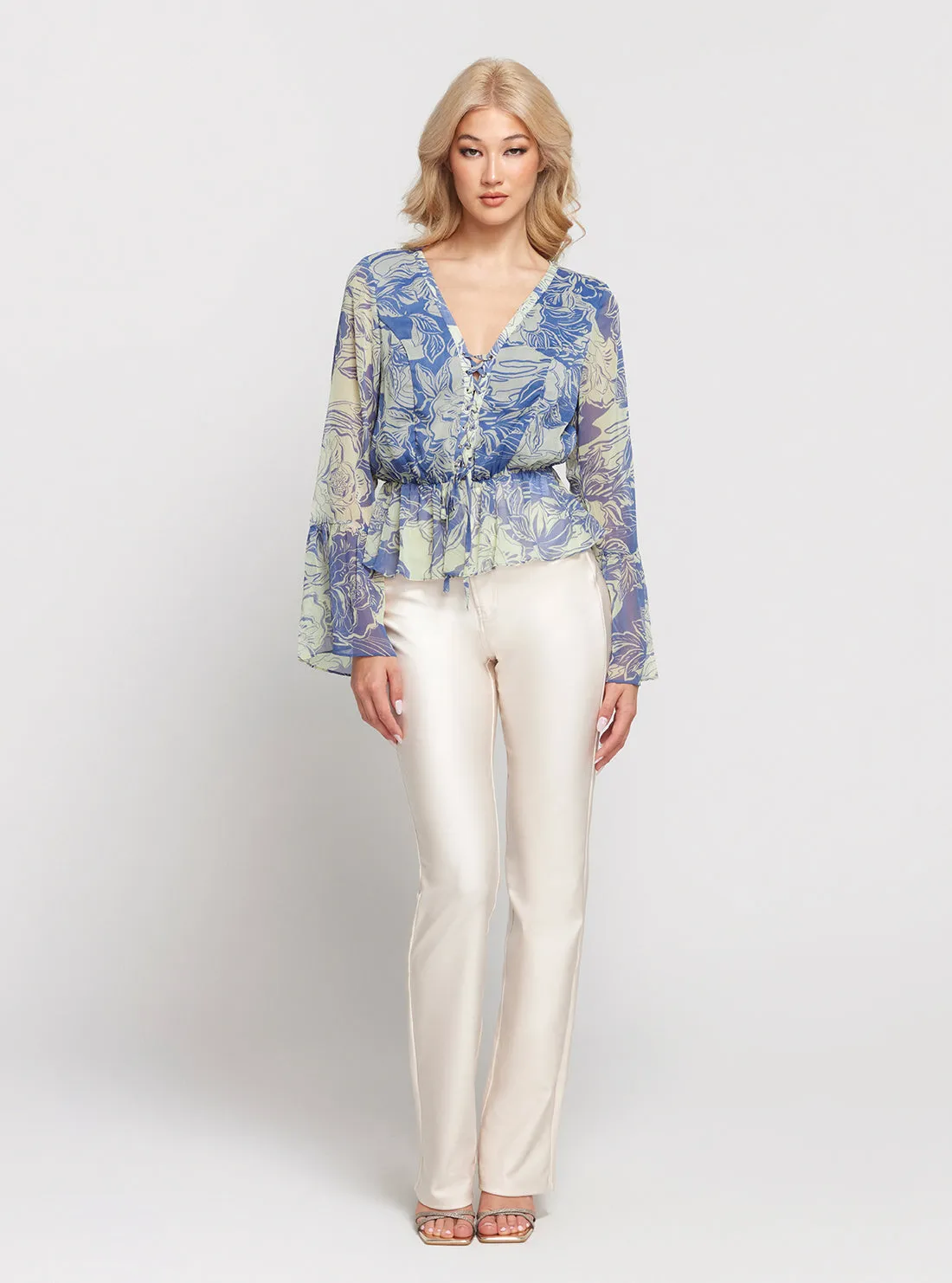 Blue Floral Print Long Sleeve Demi Top