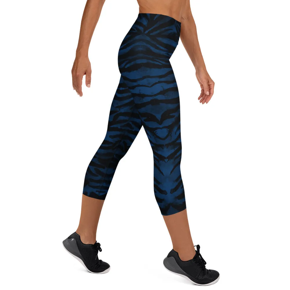 Blue Tiger Stripe Capri Leggings, Animal Print Women's Capris Yoga Pants-Made in USA/EU