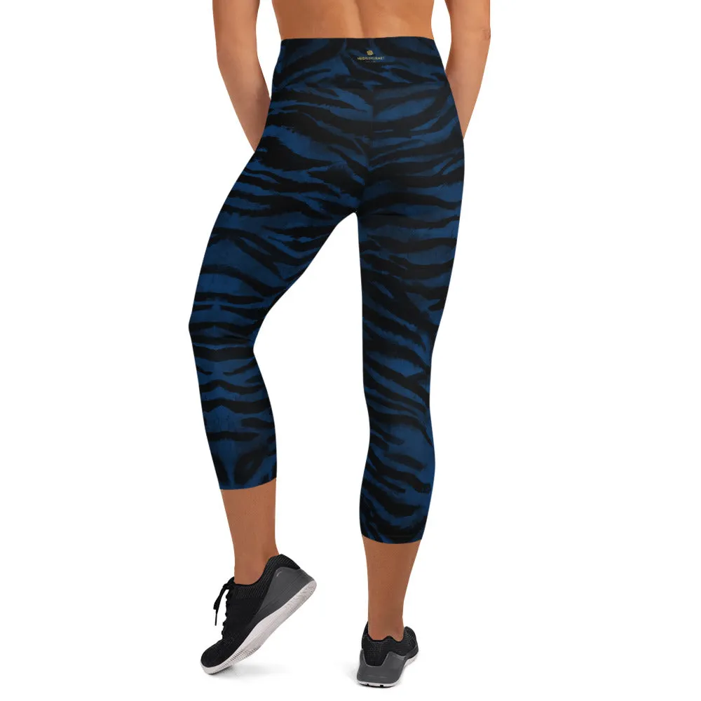 Blue Tiger Stripe Capri Leggings, Animal Print Women's Capris Yoga Pants-Made in USA/EU