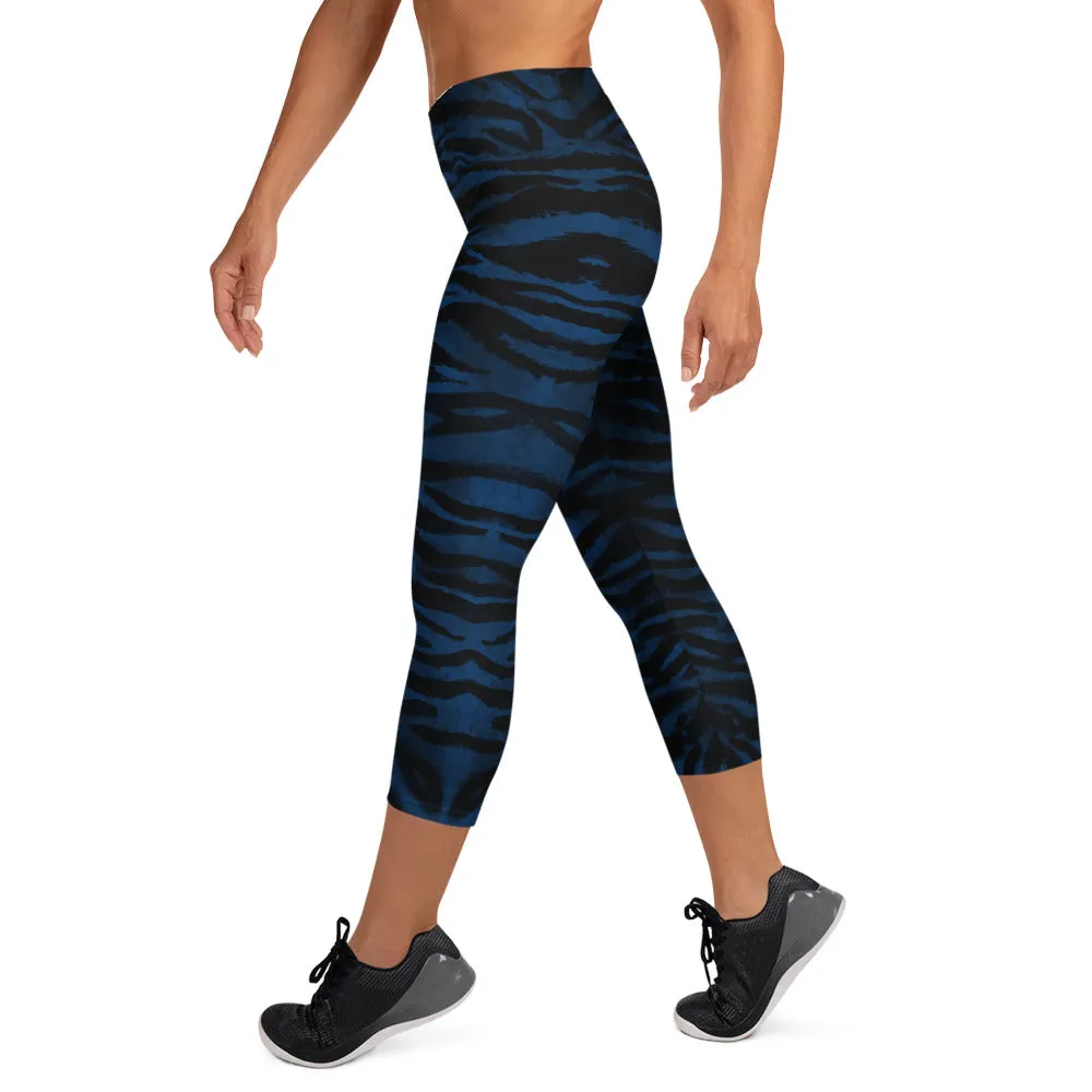 Blue Tiger Stripe Capri Leggings, Animal Print Women's Capris Yoga Pants-Made in USA/EU