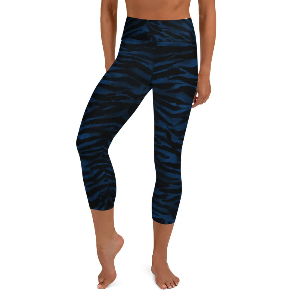 Blue Tiger Stripe Capri Leggings, Animal Print Women's Capris Yoga Pants-Made in USA/EU