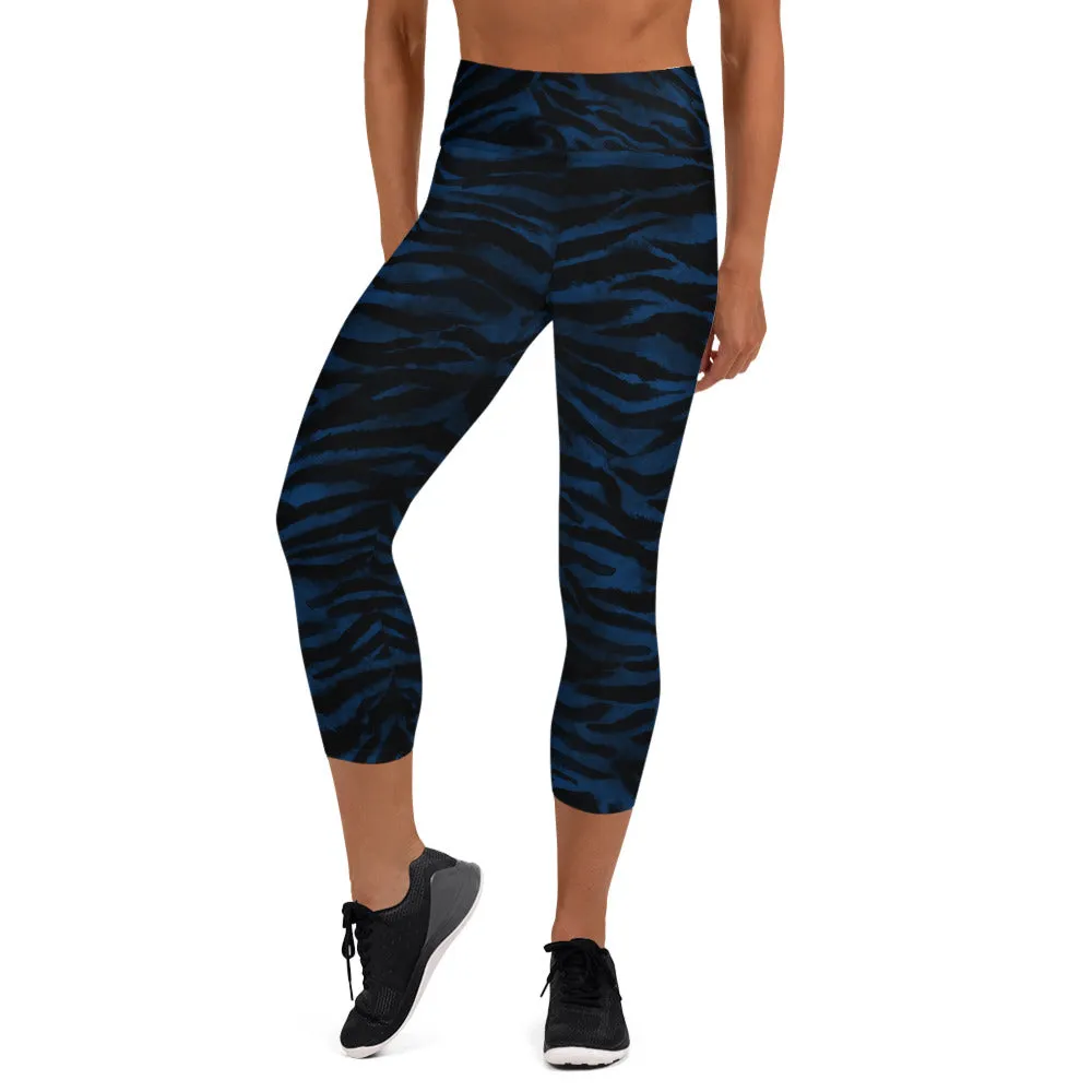 Blue Tiger Stripe Capri Leggings, Animal Print Women's Capris Yoga Pants-Made in USA/EU