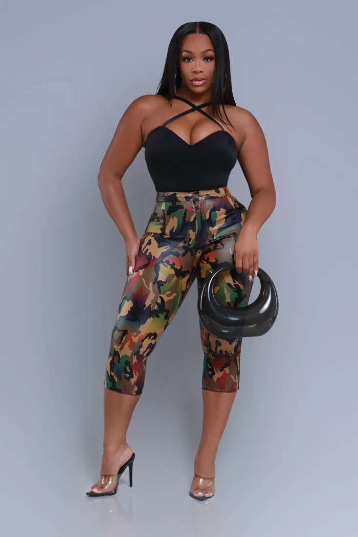 Break Even Faux Leather High Rise Capri Pants - Olive Camo