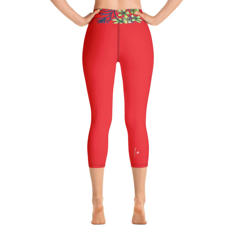 Bright Red Yoga Capri Leggings, Solid Color Orchids Floral Women's Modern Capris Tights-Made in USA/EU