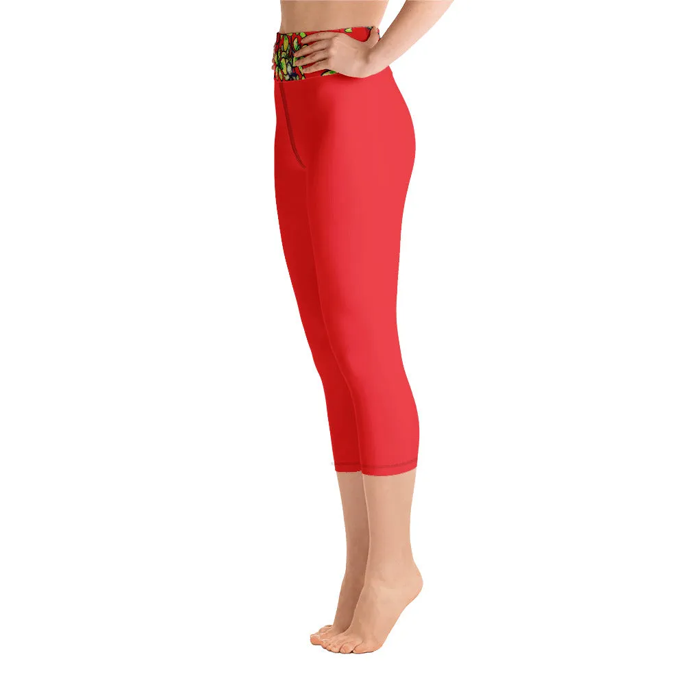 Bright Red Yoga Capri Leggings, Solid Color Orchids Floral Women's Modern Capris Tights-Made in USA/EU