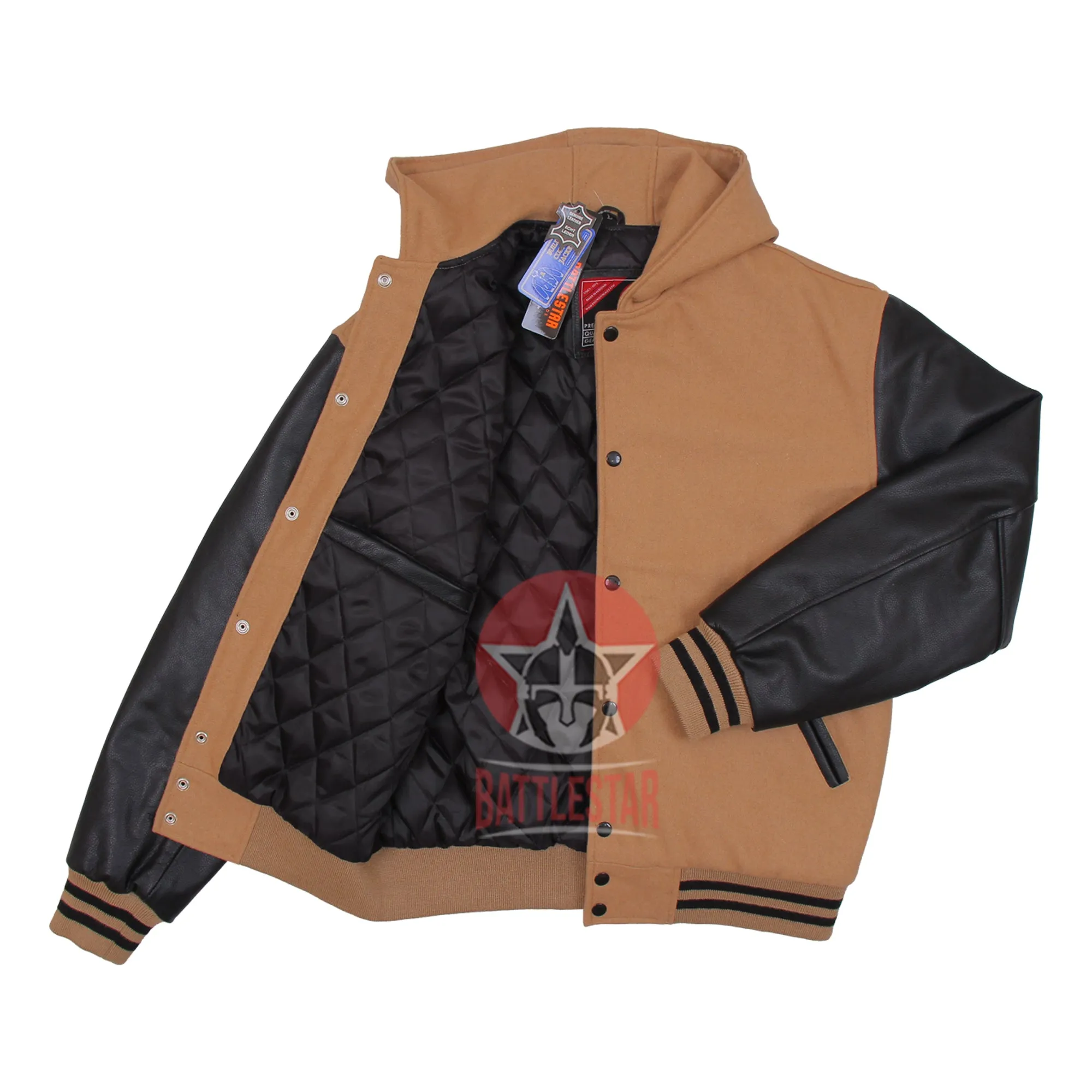 Brown & Black Hooded Baseball Letterman Bomber Varsity Jacket