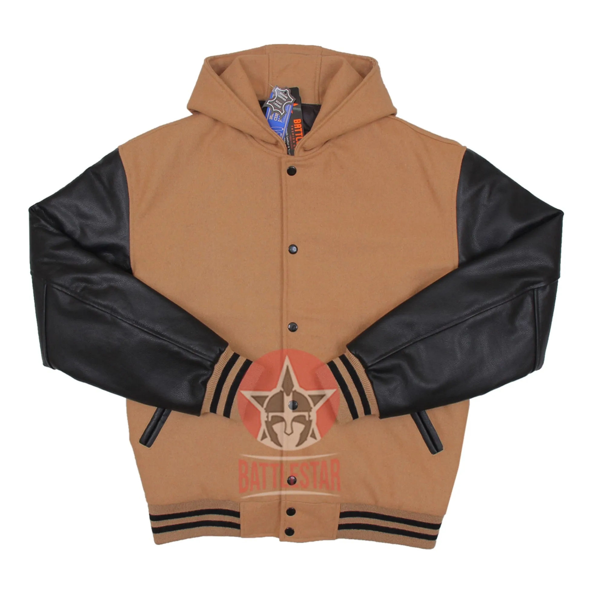 Brown & Black Hooded Baseball Letterman Bomber Varsity Jacket