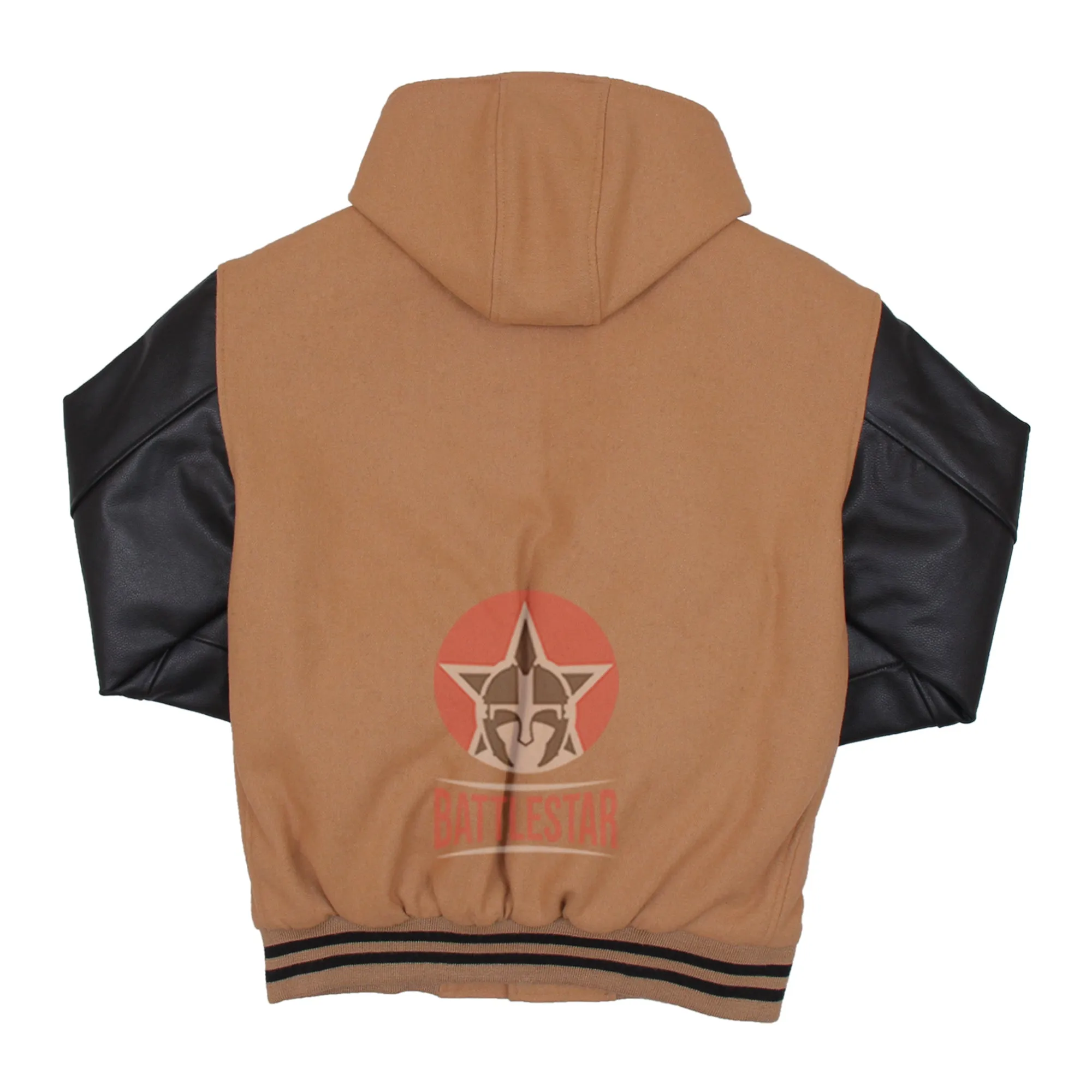 Brown & Black Hooded Baseball Letterman Bomber Varsity Jacket