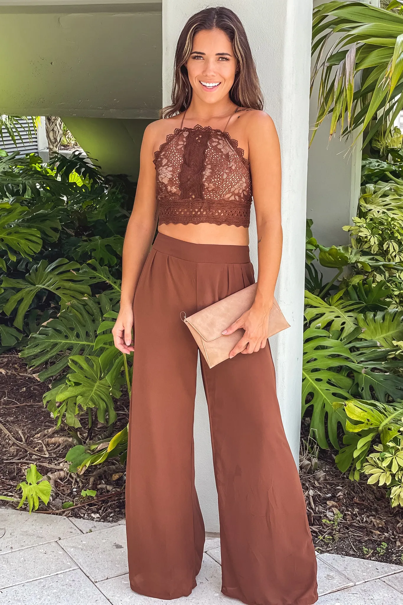 Brown Crochet Top And Palazzo Pants Set