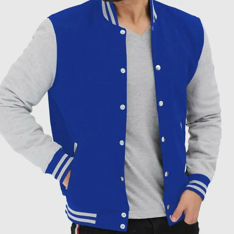 Buy Mens New Style Baseball Style Grey and Royal Blue Varsity Jacket In Discount Prices