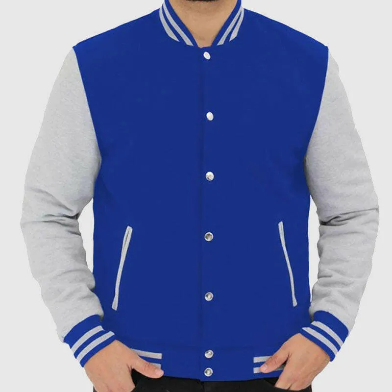 Buy Mens New Style Baseball Style Grey and Royal Blue Varsity Jacket In Discount Prices