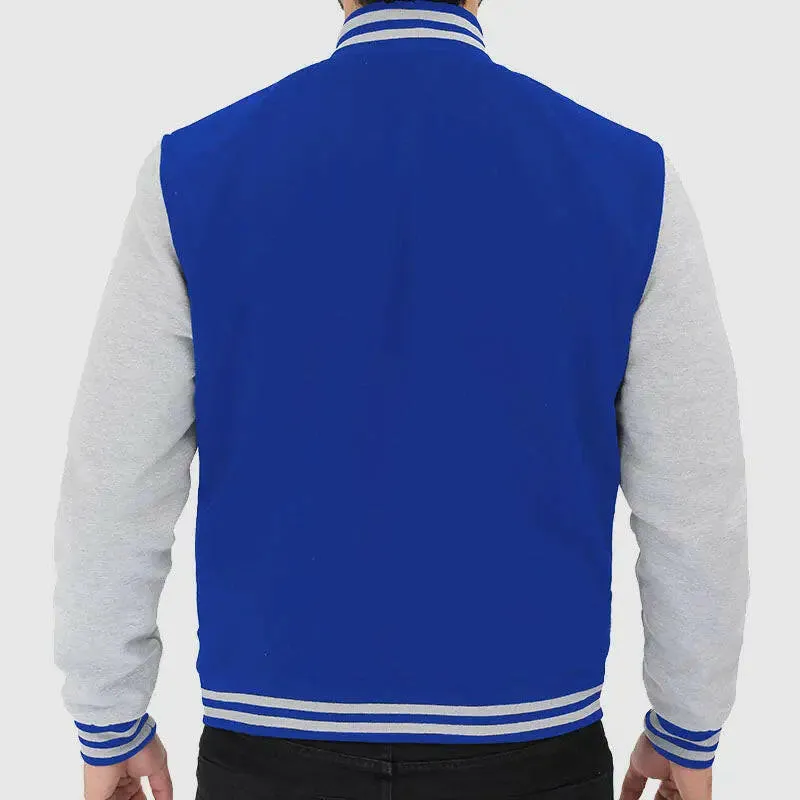 Buy Mens New Style Baseball Style Grey and Royal Blue Varsity Jacket In Discount Prices