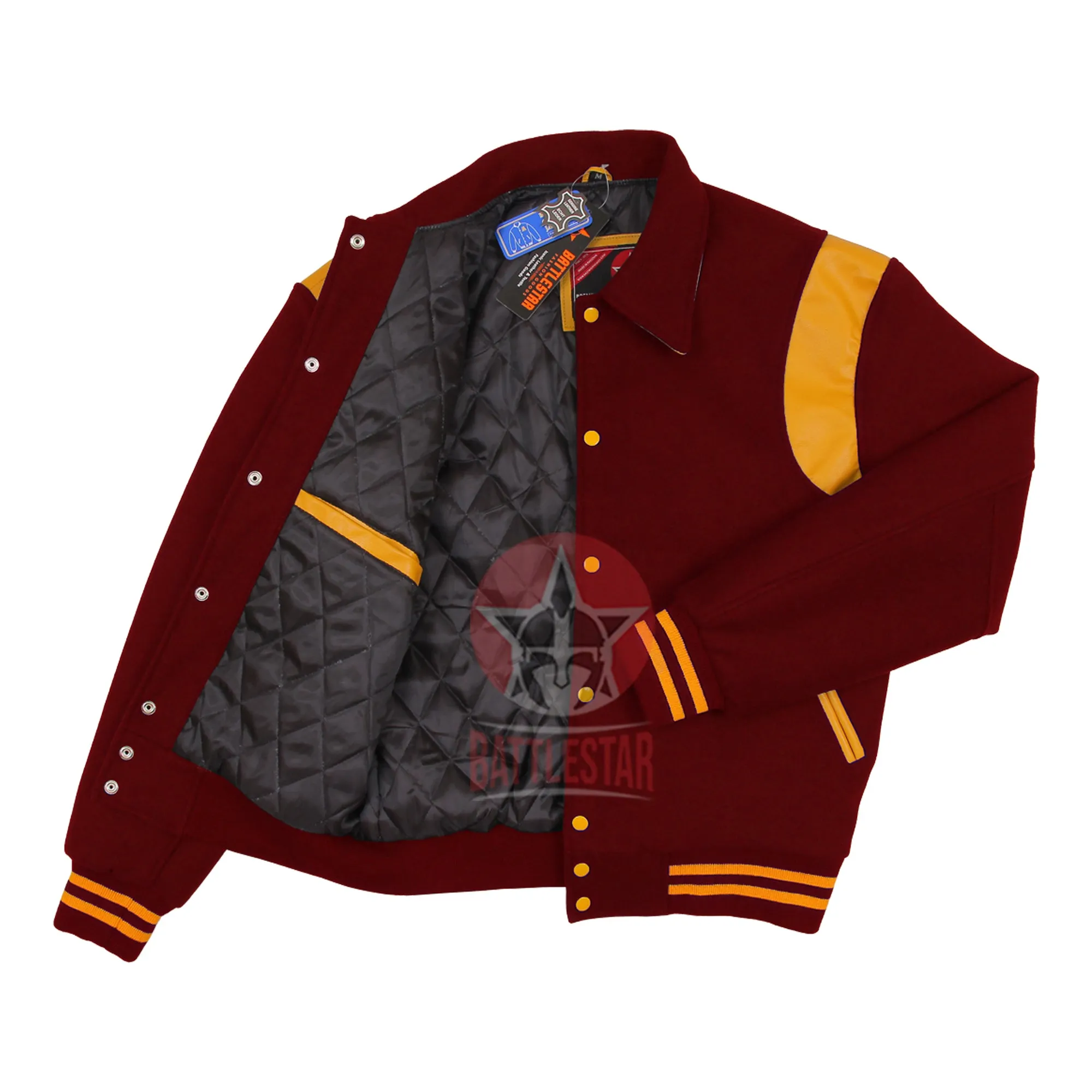 Byron Collar Maroon Wool Gold Yellow Leather Stripes Varsity Baseball Jacket